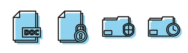 Zeile Dokumentenordnerschutz, DOC-Dateidokument, Dokumenten- und Lock-and-Document-Ordner mit Uhrzeigersymbol festlegen. Vektor — Stockvektor