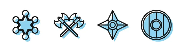 Set line ninja shuriken japonais, badge de police, haches médiévales croisées et icône de bouclier en bois rond. Vecteur — Image vectorielle