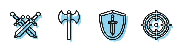 Définir la ligne Bouclier médiéval avec épée, Épée médiévale croisée, hache médiévale et icône du sport cible. Vecteur — Image vectorielle
