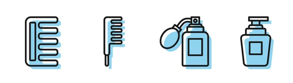 Set line Aftershave fles met verstuiver, haarborstel, haarborstel en flesje shampoo icoon. Vector — Stockvector