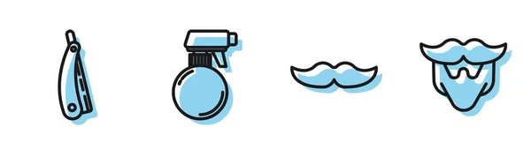 Set ligne moustache, rasoir droit, bouteille de pistolet de coiffeur et moustache et icône de la barbe. Vecteur — Image vectorielle