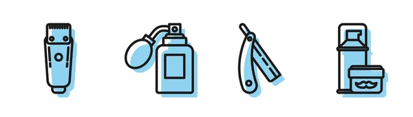 Set line Afeitadora de afeitar, Cortadora de cabello eléctrica o afeitadora, Botella Aftershave con atomizador e icono de espuma de gel de afeitar. Vector — Vector de stock