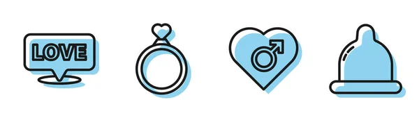 Set line Heart with male gender, Speech bubble with text love, Wedding rings and Condom icon. Vector — 스톡 벡터