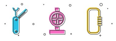 İsviçre çakısı, endüstriyel metalik borular, valf ve karabinalı ikon yerleştirin. Vektör