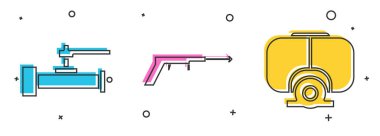 Endüstriyel metalik borular ve valf, balıkçı zıpkını ve dalış maskesi simgesini ayarlayın. Vektör