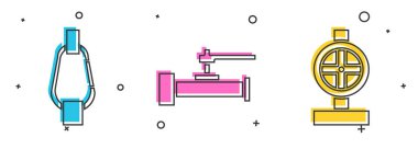 Carabiner, endüstriyel metalik borular, valf ve endüstriyel metalik borular ve kapakçık simgesini ayarla. Vektör