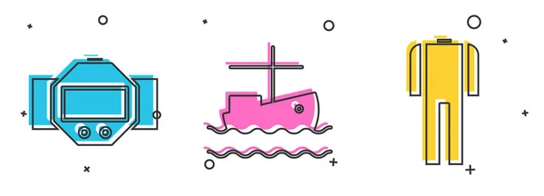 Set reloj de buceo, barco de pesca en el agua y traje de neopreno para el icono de buceo. Vector — Vector de stock