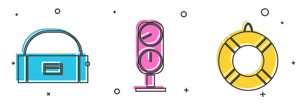Set Estuche o contenedor de caja para wobbler, escala de calibre e icono Lifebuoy. Vector — Vector de stock