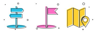 Yol trafik işaretini, Bayrak ve Katlanmış haritayı konum simgesi simgesiyle ayarla. Vektör