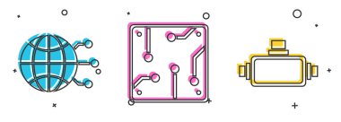 Küresel teknoloji ya da sosyal ağ, işlemci ve sanal gerçeklik gözlüğü simgesini ayarla. Vektör