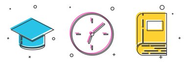Mezuniyet şapkası, saat ve kitap simgesini ayarla. Vektör