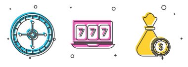 Kumarhane ruleti, online kumar makinesi, şanslı yedili ikramiye ve para çantası ve kumarhane fişleri ikonu. Vektör