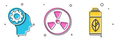 İnsan kafasını teçhizatlı hale getirin, radyoaktif ve plastik şişe simgesini geri dönüşümlü hale getirin. Vektör