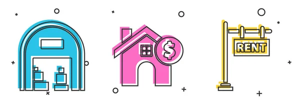 Definir Armazém, Casa com símbolo de dólar e sinal de suspensão com ícone de aluguel de texto. Vetor —  Vetores de Stock