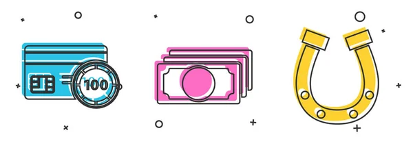 Set Credit card, Stacks paper money cash and Horseshoe icon. Vector — Stock Vector