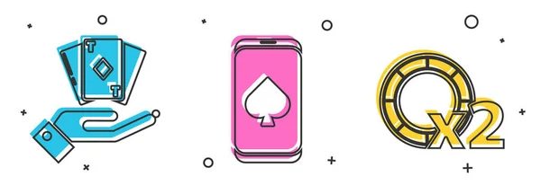 Set Hand hält Kartenspiel, Online-Pokertisch-Spiel und Casino-Chips-Symbol. Vektor — Stockvektor