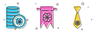 Altın sikkeyi dört yapraklı yonca, dört yapraklı yonca ve dört yapraklı yonca ikonlu kravat ile ayarla. Vektör