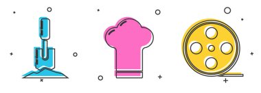 Küreği yere koyun, Şef şapkası ve film makarası ikonu. Vektör