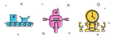 Taşıyıcı bandı karton kutu, robot ve robot ve dijital zaman yöneticisi simgesi ile ayarla. Vektör