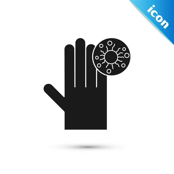 Graue Hand mit Virussymbol auf weißem Hintergrund. Coronavirus 2019-nCoV. Bakterien und Keime, Zellkrebs, Mikroben, Pilze. Vektorillustration — Stockvektor
