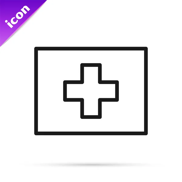 Linea nera Icona kit di pronto soccorso isolato su sfondo bianco. Scatola medica con croce. Attrezzature mediche per l'emergenza. Concetto sanitario. Illustrazione vettoriale — Vettoriale Stock