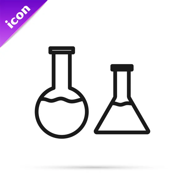 Schwarzer Strich Reagenzglas und Kolbensymbol isoliert auf weißem Hintergrund. Chemische Laboruntersuchung. Laborgläser. Vektorillustration — Stockvektor