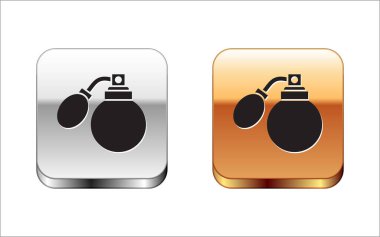 Beyaz arka planda izole edilmiş siyah tıraş losyonu şişesi. Parfüm spreyi ikonu. Erkek parfüm şişesi. Gümüş-altın kare düğme. Vektör İllüstrasyonu