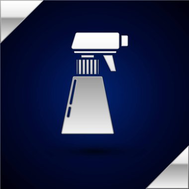 Gümüş Kuaför tabanca sprey şişesi koyu mavi arka planda izole edilmiş su ikonu. Vektör İllüstrasyonu