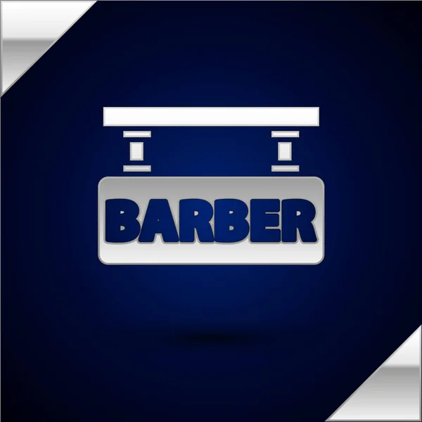 Ícone de barbearia de prata isolado no fundo azul escuro. Logotipo de cabeleireiro ou tabuleta. Ilustração vetorial —  Vetores de Stock