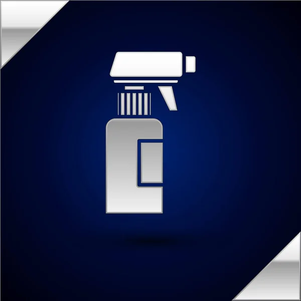 Frasco de spray de pistola de cabeleireiro prata com ícone de água isolado no fundo azul escuro. Ilustração vetorial — Vetor de Stock