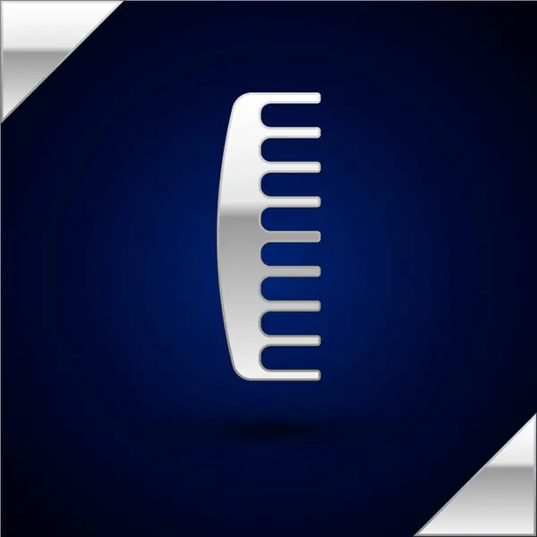 Icono de cepillo de pelo plateado aislado sobre fondo azul oscuro. Señal de peine. Símbolo de barbero. Ilustración vectorial — Vector de stock