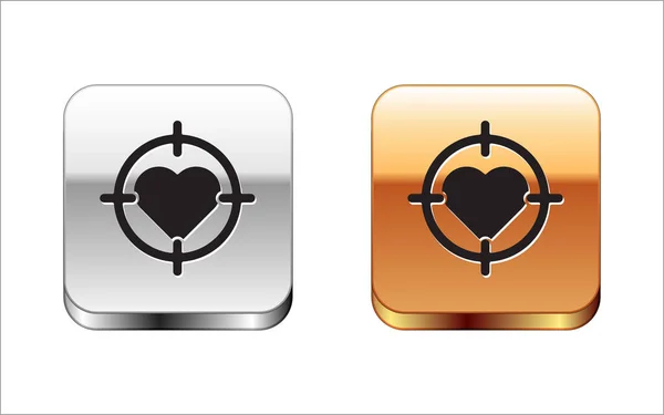 Zwart hart in het centrum van darts doel doel pictogram geïsoleerd op witte achtergrond. Valentijnsdag. Zilverkleurig-gouden vierkante knop. Vector Illustratie — Stockvector