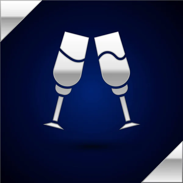 Silver Glass of champagne icon isolated on dark blue background. Vektorová ilustrace — Stockový vektor
