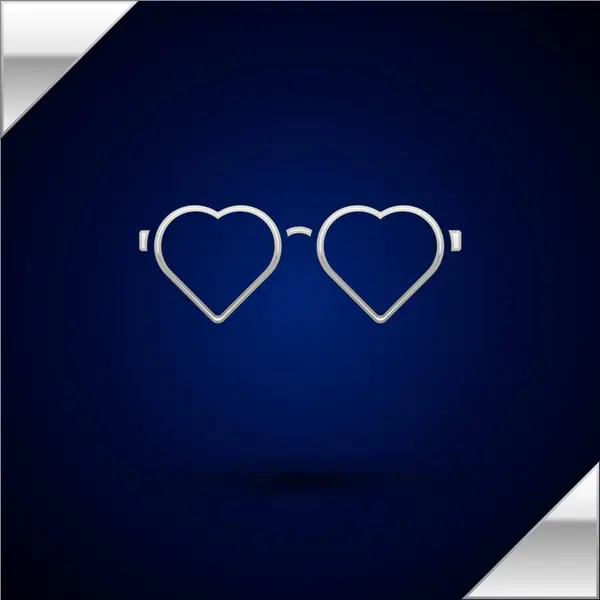 Icono de gafas de amor en forma de corazón plateado aislado sobre fondo azul oscuro. Adecuado para el diseño de tarjetas de San Valentín. Ilustración vectorial — Vector de stock