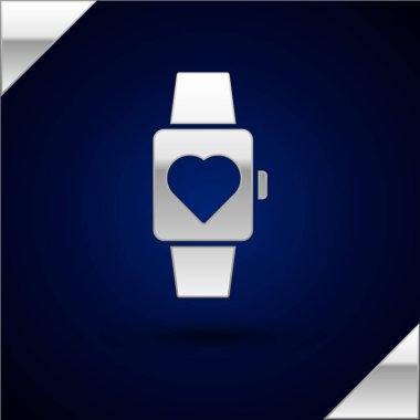 Kol saatinin ortasındaki gümüş kalp koyu mavi arka planda izole edilmiş. Sevgililer Günü. Vektör İllüstrasyonu