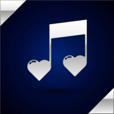 Gümüş Müzik Notası, koyu mavi arkaplanda izole edilmiş kalpler simgesi olan ton. Sevgililer Günü. Vektör İllüstrasyonu