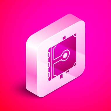 Üzerinde simya tarifleri, mistik büyüler ve pembe arka planda izole edilmiş büyü simgeleri olan Isome 'lı Eskiler' in sihirli kitabı. Gümüş kare düğme. Vektör İllüstrasyonu