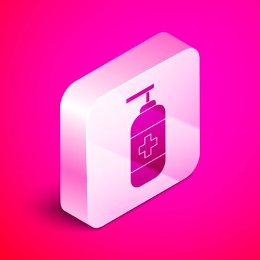 Pembe arka planda izole edilmiş şeker ikonlu sıvı antibakteriyel sabun. Antiseptik. Dezenfeksiyon, hijyen, cilt bakımı. Gümüş kare düğme. Vektör İllüstrasyonu