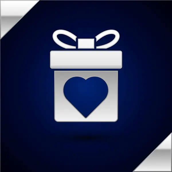 Caja de regalo de plata con icono del corazón aislado sobre fondo azul oscuro. Día de San Valentín. Ilustración vectorial — Archivo Imágenes Vectoriales