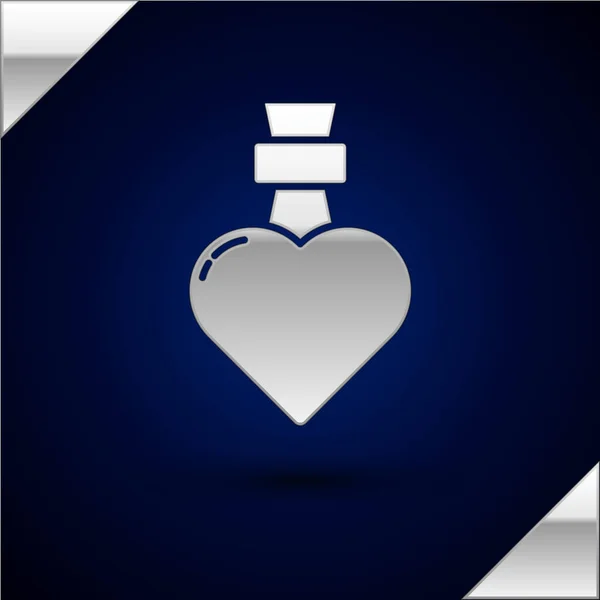 Silberne Flasche mit Liebestrank-Symbol isoliert auf dunkelblauem Hintergrund. Valentinstag-Symbol. Vektorillustration — Stockvektor