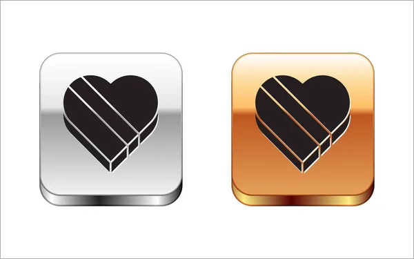 Black Candy in heart shaped box icon isolated on white background. Valentines Day. Silver-gold square button. Vector Illustration — Stock Vector