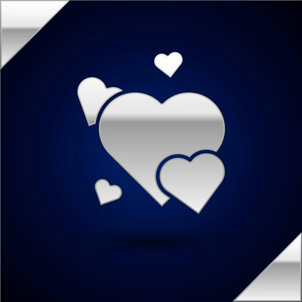 Icono Corazón de Plata aislado sobre fondo azul oscuro. Símbolo romántico vinculado, unirse, pasión y boda. Símbolo de San Valentín. Ilustración vectorial — Vector de stock