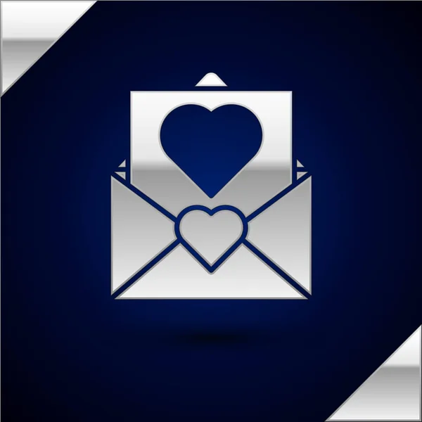 Envelope de prata com ícone de coração Valentine isolado no fundo azul escuro. Mensagem de amor. Carta de amor e romance. Ilustração vetorial —  Vetores de Stock