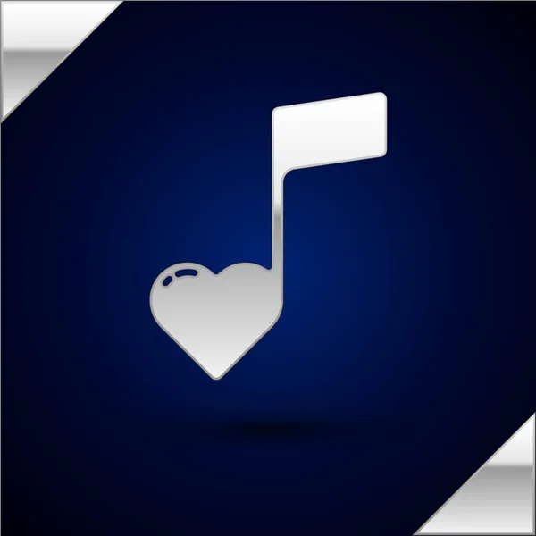 Silver Music note, tone with hearts icon isolated on dark blue background. Valentines day. Vector Illustration — Stock Vector