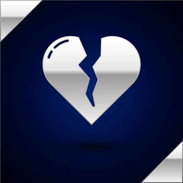 Zilver Gebroken hart of scheiding pictogram geïsoleerd op donkerblauwe achtergrond. Liefdessymbool. Valentijnsdag. Vector Illustratie — Stockvector