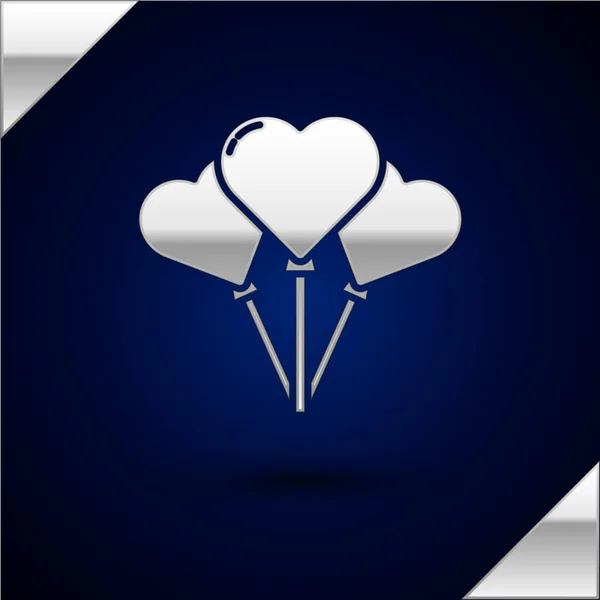 Globos de Plata en forma de corazón con icono de cinta aislado sobre fondo azul oscuro. Ilustración vectorial — Vector de stock