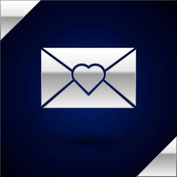 Stříbrná obálka s Valentýnovou ikonou, izolovaná na tmavomodré pozadí. Zpráva láska. Dopis lásky a romantiky. Vektorová ilustrace — Stockový vektor