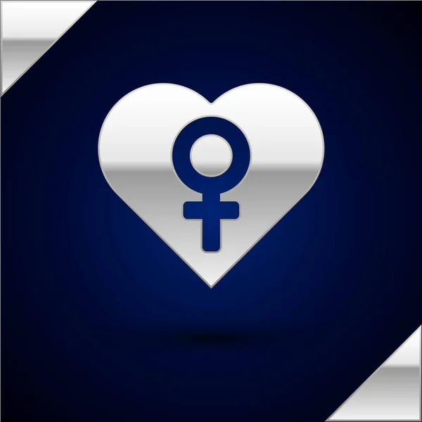 Ασημένια καρδιά με θηλυκό σύμβολο φύλου εικόνα απομονώνονται σε σκούρο μπλε φόντο. Σύμβολο Αφροδίτης. Το σύμβολο ενός γυναικείου οργανισμού ή γυναίκας. Εικονογράφηση διανύσματος — Διανυσματικό Αρχείο