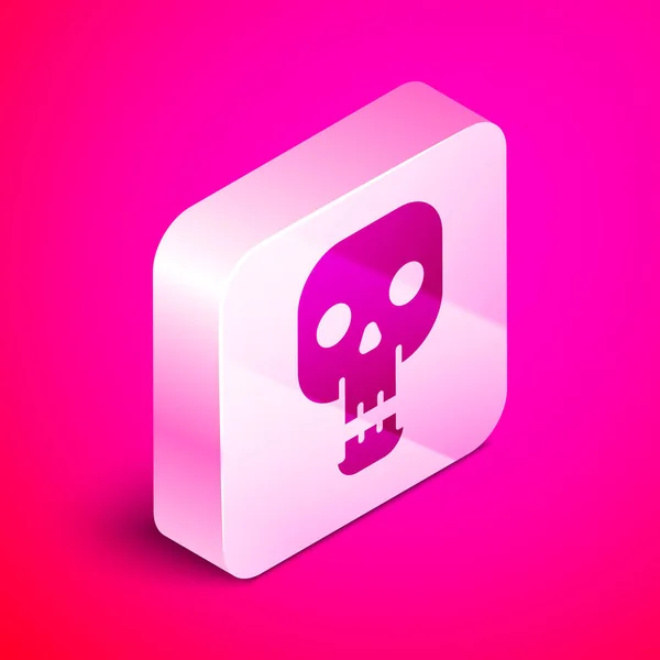 Isometric Skull icon isolated on pink background. Happy Halloween party. Silver square button. Vector Illustration — Stock Vector
