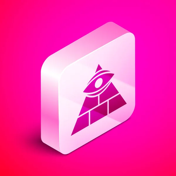 Isometric Masons symbol All-seeing eye of God icon isolated on pink background. The eye of Providence in the triangle. Silver square button. Vector Illustration — Stock Vector